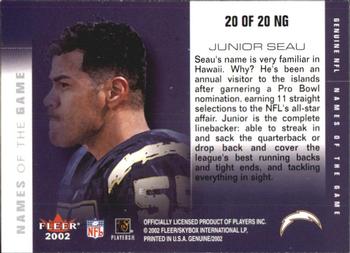 2002 Fleer Genuine - Names of the Game #20 NG Junior Seau Back