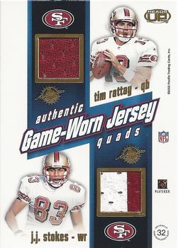 2002 Pacific Heads Up - Game Worn Jersey Quads Gold #32 Jeff Garcia / Terrell Owens / Tim Rattay / J.J. Stokes Back