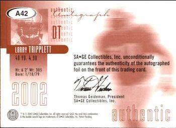 2002 SAGE - Autographs Bronze #A42 Larry Tripplett Back