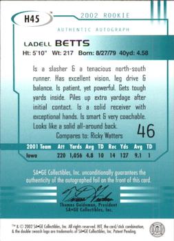 2002 SAGE HIT - Autographs Emerald #H45 Ladell Betts Back