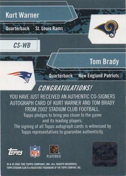 2002 Stadium Club - Co-Signers #CS-WB Kurt Warner / Tom Brady Back