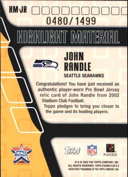 2002 Stadium Club - Highlight Material #HM-JR John Randle Back