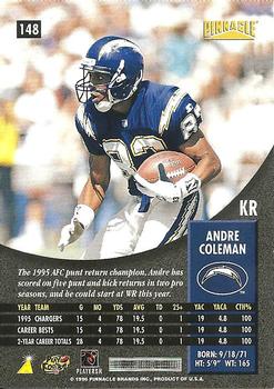 1996 Pinnacle #148 Andre Coleman Back