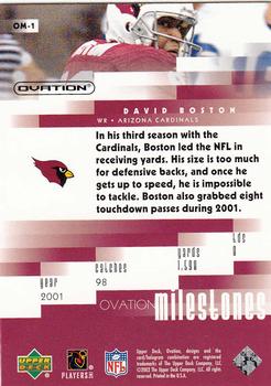 2002 Upper Deck Ovation - Milestones #OM-1 David Boston Back