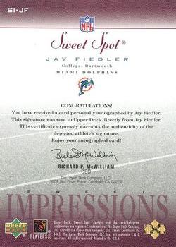2002 Upper Deck Sweet Spot - Sweet Impressions Autographs #SI-JF Jay Fiedler Back