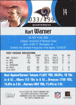 2003 Bowman's Best - Blue #14 Kurt Warner Back