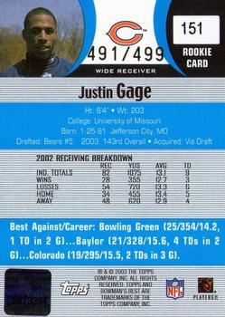 2003 Bowman's Best - Blue #151 Justin Gage Back