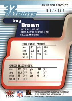 2003 Fleer Focus - Numbers Century #32 Troy Brown Back