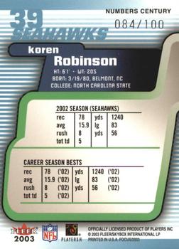 2003 Fleer Focus - Numbers Century #39 Koren Robinson Back