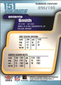 2003 Fleer Focus - Numbers Century #151 Onterrio Smith Back