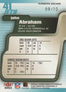 2003 Fleer Focus - Numbers Decade #41 John Abraham Back