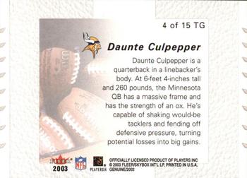 2003 Fleer Genuine Insider - Tools of the Game #4 TG Daunte Culpepper Back