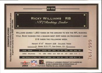 2003 Fleer Showcase - Avant Card Jerseys #AV-RW Ricky Williams Back