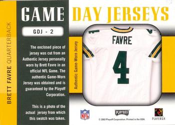 2003 Playoff Prestige - Game Day Jerseys #GDJ-2 Brett Favre Back