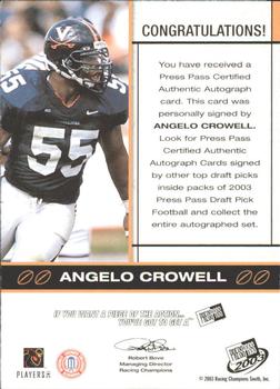 2003 Press Pass - Autographs Bronze #NNO Angelo Crowell Back
