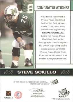 2003 Press Pass - Autographs Bronze #NNO Steve Sciullo Back