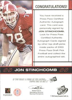 2003 Press Pass - Autographs Bronze #NNO Jonathan Stinchcomb Back