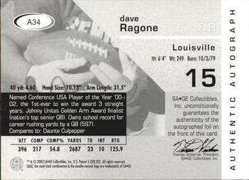 2003 SAGE - Autographs Bronze #A34 Dave Ragone Back