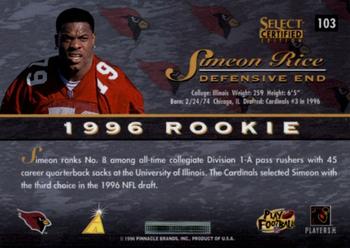 1996 Select Certified #103 Simeon Rice Back