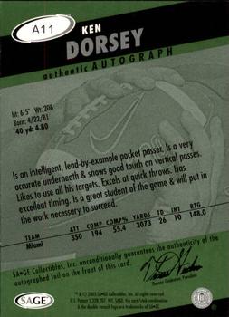 2003 SAGE HIT - Autographs Emerald #A11 Ken Dorsey Back