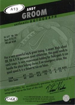 2003 SAGE HIT - Autographs Emerald #A13 Andy Groom Back