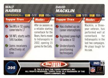 2003 Topps Total - Silver #395 David Macklin / Walt Harris Back
