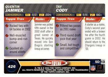 2003 Topps Total - Silver #426 Quentin Jammer / Tay Cody Back