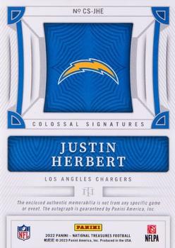 2022 Panini National Treasures - Colossal Signatures Prime NFL Shield #CS-JHE Justin Herbert Back