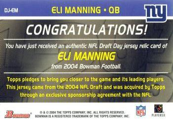 2004 Bowman - Draft Day Selections Relics #DJ-EM Eli Manning Back