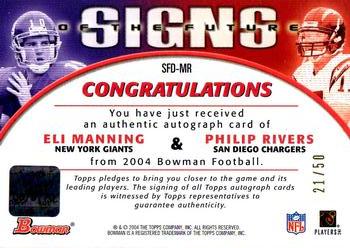 2004 Bowman - Signs of the Future Autographs Dual #SFD-MR Eli Manning / Philip Rivers Back