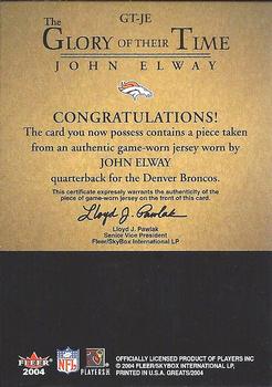 2004 Fleer Greats of the Game - Glory of Their Time Game Used Red #GT-JE John Elway Back