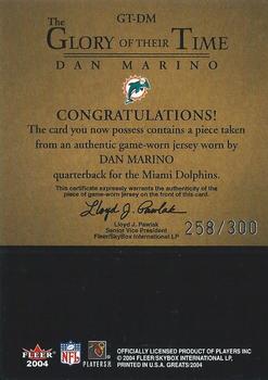 2004 Fleer Greats of the Game - Glory of Their Time Game Used Silver #GT-DM Dan Marino Back