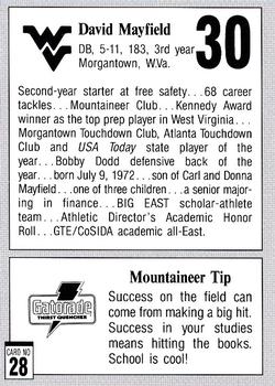 1993 West Virginia Mountaineers Program Cards #28 David Mayfield Back
