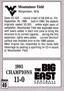 1993 West Virginia Mountaineers Big East Champions #49 Mountaineer Field Back
