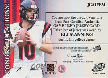2004 Press Pass SE - Game Used Jerseys Autographs #1 Eli Manning Back