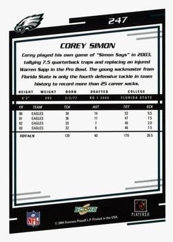 2004 Score - Glossy #247 Corey Simon Back