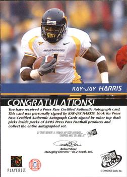 2005 Press Pass - Autographs Silver #NNO Kay-Jay Harris Back