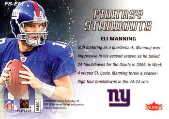 2006 Fleer - Fantasy Standouts #FS-EM Eli Manning  Back