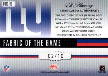 2006 Leaf Certified Materials - Fabric of the Game Jersey Number #FOTG-98 Eli Manning Back