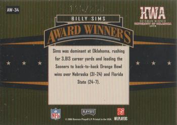 2006 Playoff Contenders - Award Winners #AW-34 Billy Sims Back