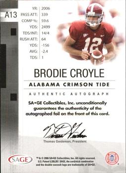 2006 SAGE - Autographs Bronze #A13 Brodie Croyle Back
