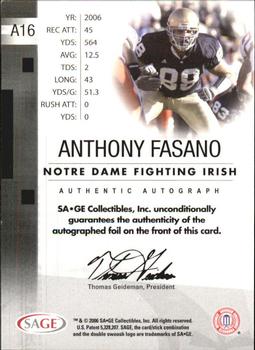 2006 SAGE - Autographs Bronze #A16 Anthony Fasano Back