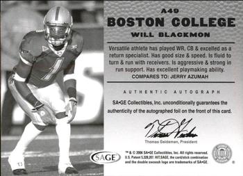 2006 SAGE HIT - Autographs Silver #A49 Will Blackmon Back