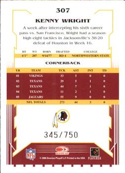 2006 Score - Scorecard #307 Kenny Wright Back