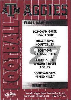 1995 Ultra Graphics Texas A&M Seniors #NNO Donovan Greer Back