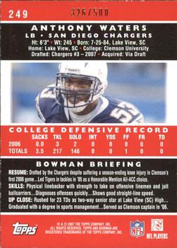 2007 Bowman - Blue #249 Anthony Waters Back