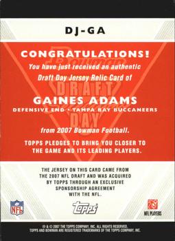 2007 Bowman - Draft Day Selections Relics #DJ-GA Gaines Adams Back