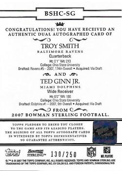 2007 Bowman Sterling - Dual Autograph Gold Refractors #BSHC-SG Troy Smith / Ted Ginn Jr. Back