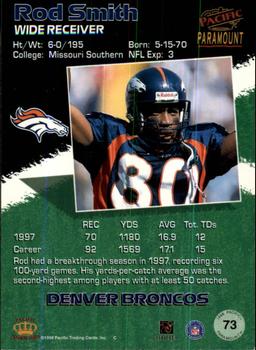 1998 Pacific Paramount #73 Rod Smith Back