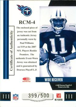 2007 Donruss Threads - Rookie Collection Materials #RCM-4 Paul Williams Back
